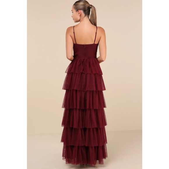 Lulus Rule The Runway Burgundy Tulle Surplice Tiered Maxi Dress Small NWT - Picture 2 of 15
